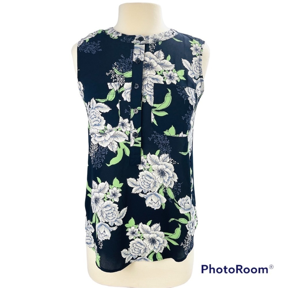 Ann Taylor LOFT Outlet Sleeveless Shell Top Blouse Navy and Green Pattern Size S